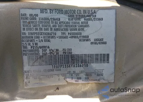 2000 Ford Taurus Ses from USA, damaged, VIN 1FAFP55SXYA286710